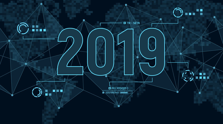 Modern futuristic template for 2019 on background with polygons connection structure and world map in pixels. Digital data visualization. Business technology concept.