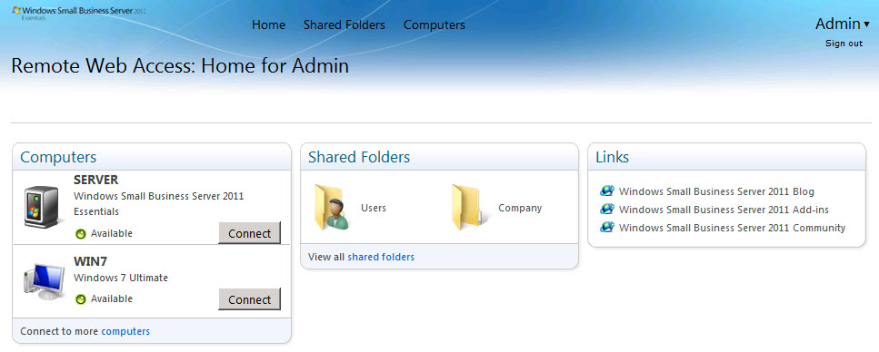 SBS 2011 Essentials dashboard SBS 2011 Essentials Remote Web Access