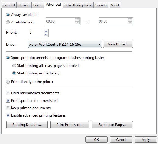 disabling advanced printing features on the client