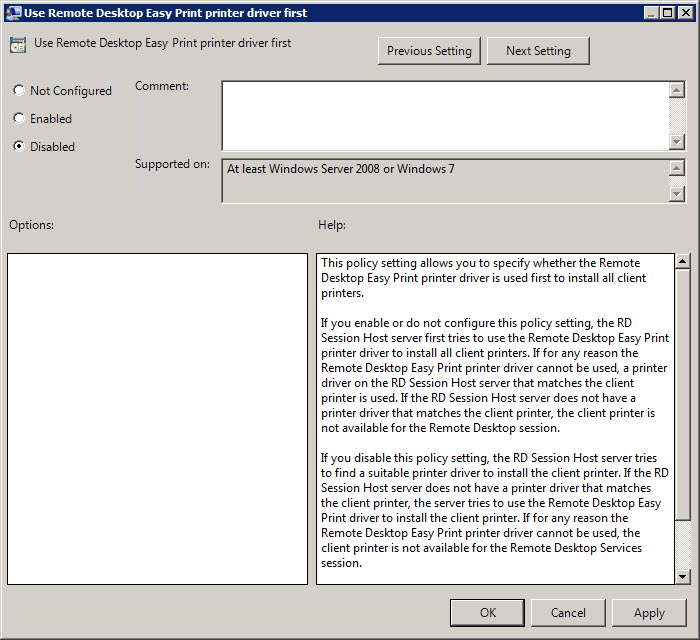 Use Terminal Services Easy Print Driver First policy setting in Group Policy
